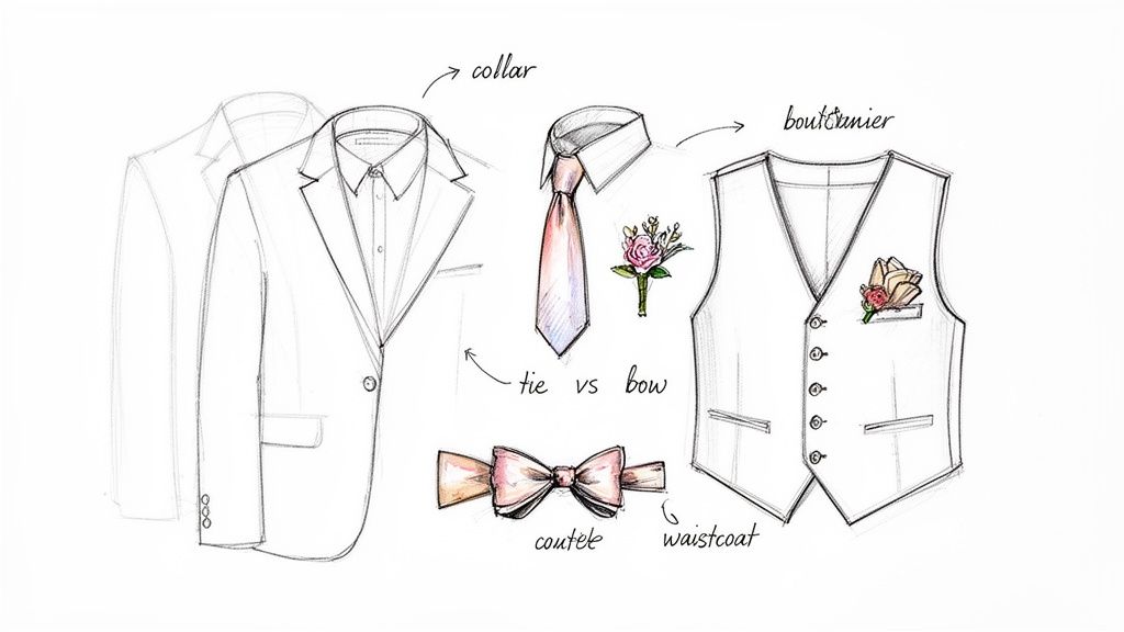 A detailed sketch illustrating various components of men's wedding attire, including jacket, tie, bow, waistcoat, collar, and boutonniere.