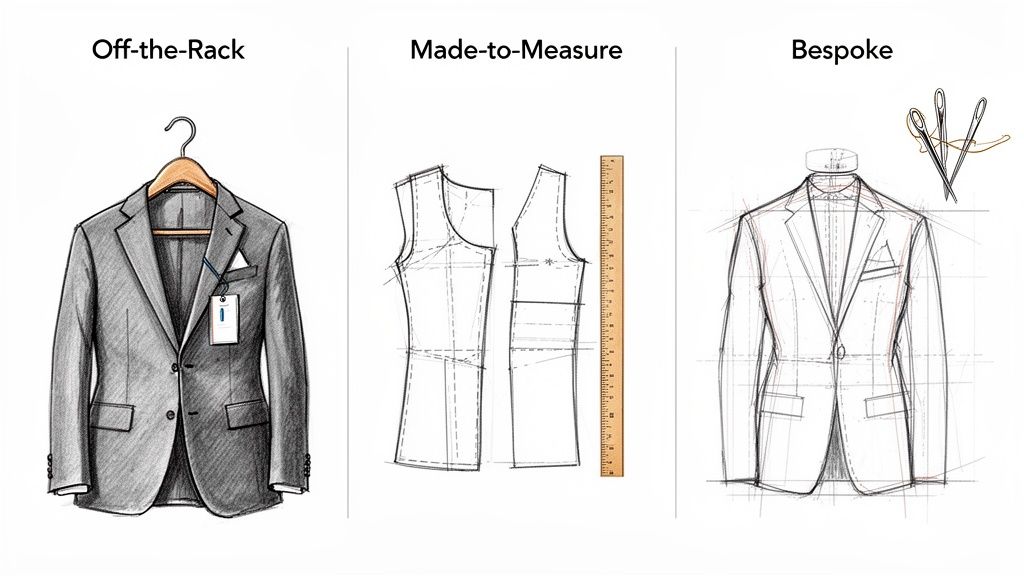 Three illustrated types of men's suits: off-the-rack, made-to-measure patterns, and bespoke tailoring.