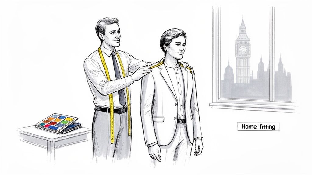 A bespoke tailor measures a client for a suit during a home fitting, with London's Big Ben visible through a window.