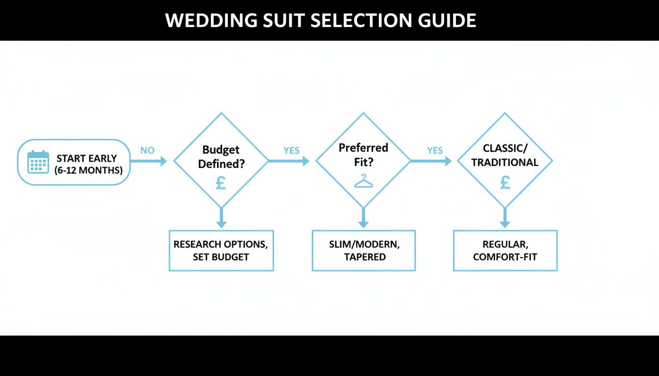 Flowchart guide for wedding suit selection, covering timing, budget, and fit preferences.