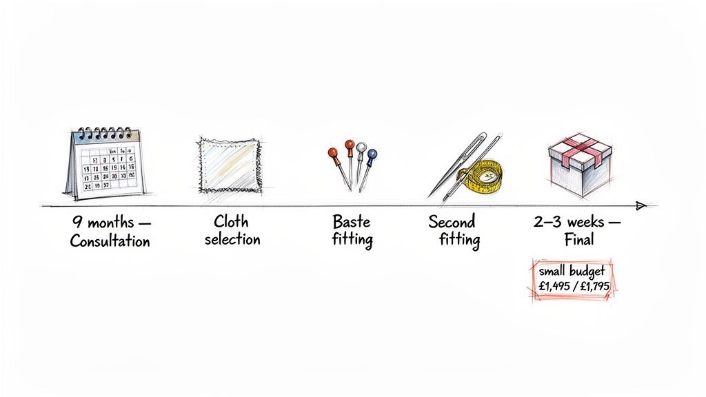 A timeline illustrating the bespoke tailoring process for a wedding suit, from consultation to final fitting with budget details.