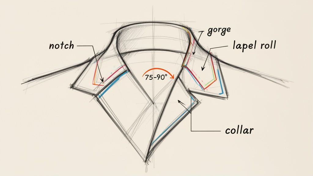 A detailed sketch illustrating the components of a jacket lapel and collar, including notch, gorge, and roll.