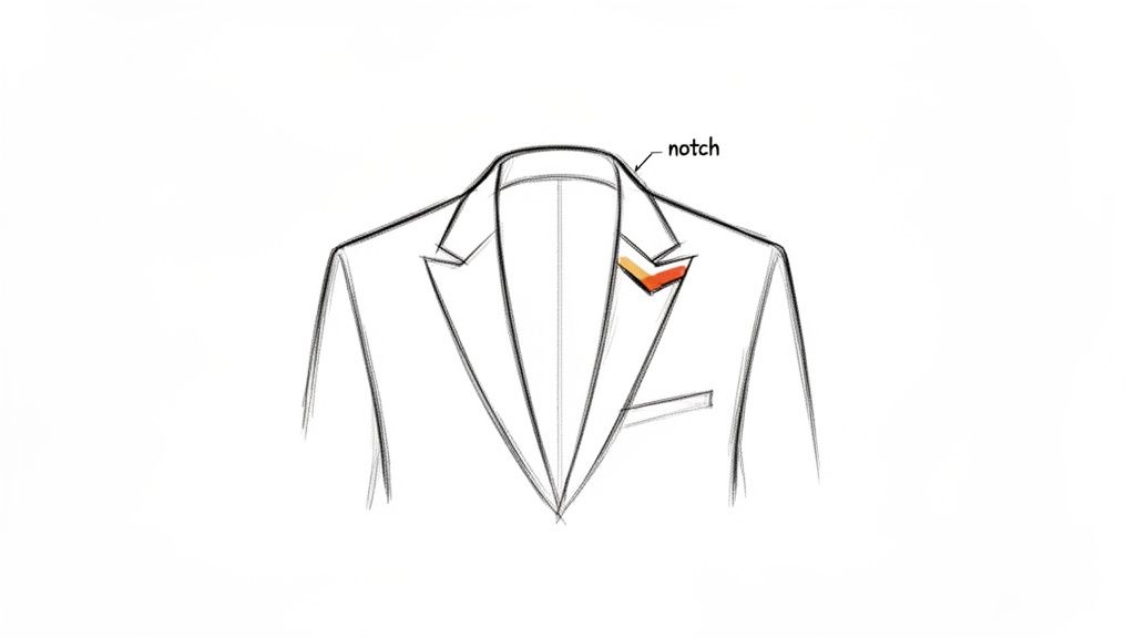 Diagram of a suit jacket highlighting the notch lapel and a stylish lapel pin.