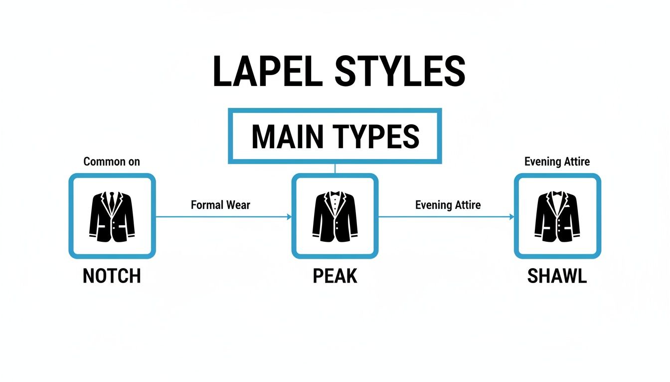 Diagram illustrating the main types of lapel styles: Notch, Peak, and Shawl, with their common uses.