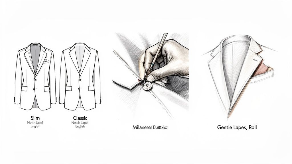 Illustrations of slim and classic blazers, a hand sewing a Milanese buttonhole, and a gentle lapel roll.