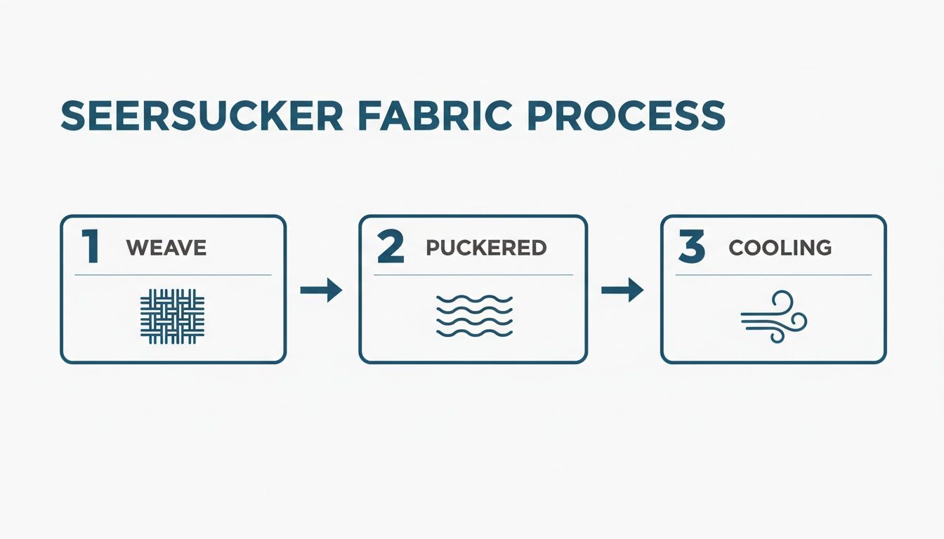 Flowchart illustrating the three-step seersucker fabric manufacturing process: weave, puckered, and cooling stages.