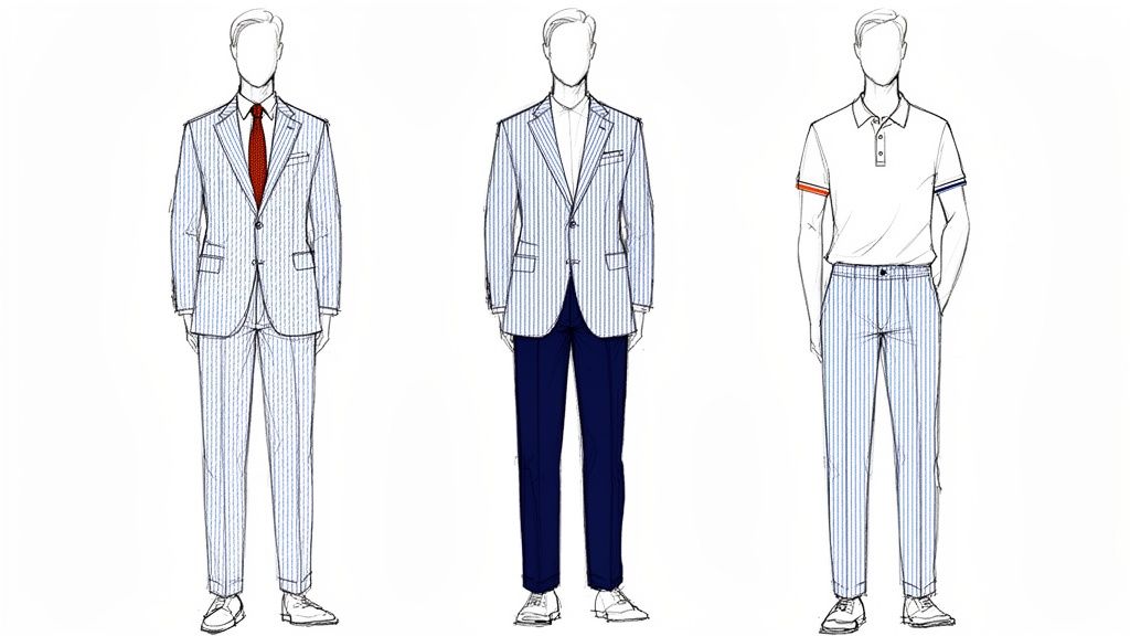 Three illustrations show men wearing various seersucker outfits for summer style.