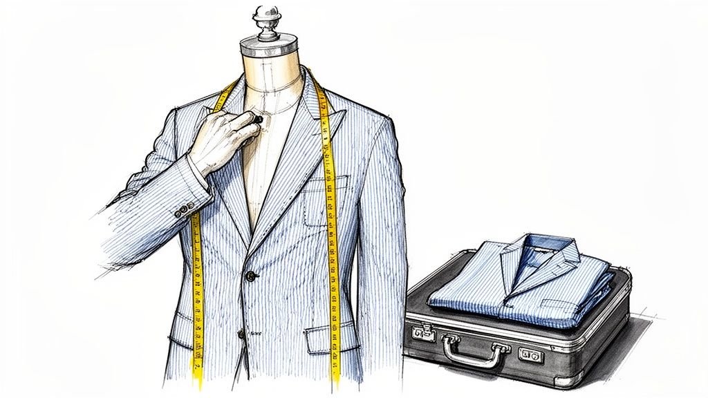 Illustration of a tailor's hand measuring a pinstriped suit jacket on a mannequin, with a packed suit in a briefcase.