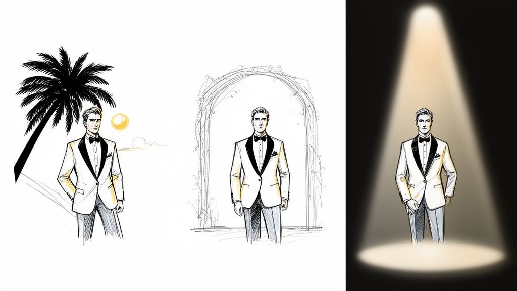 Three illustrations of a man wearing a white dinner jacket and black bow tie in varied settings.