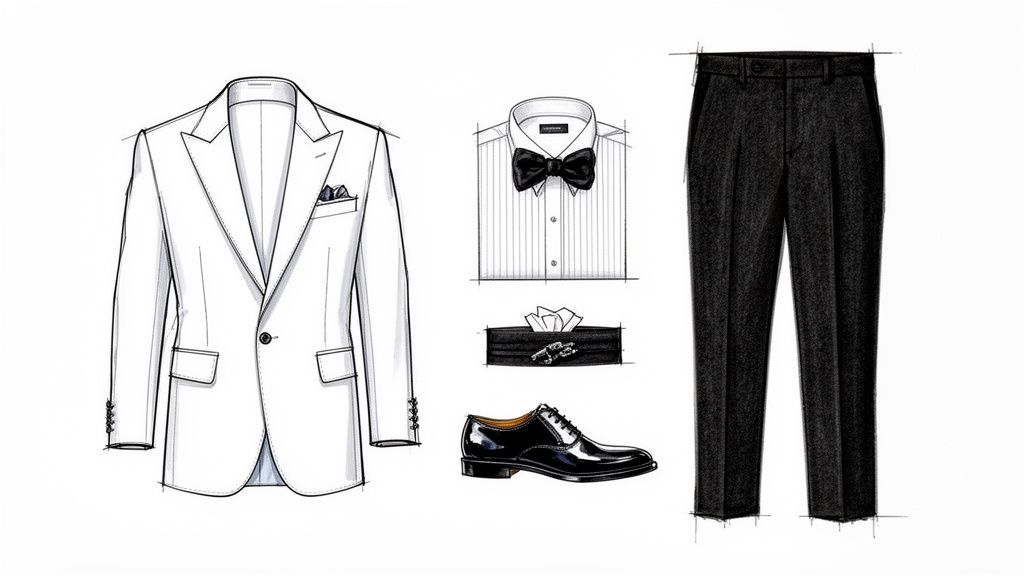 A complete formal men's outfit laid out, featuring a white dinner jacket, black trousers, pleated shirt, bow tie, cummerbund, cufflinks, and black patent leather shoes.
