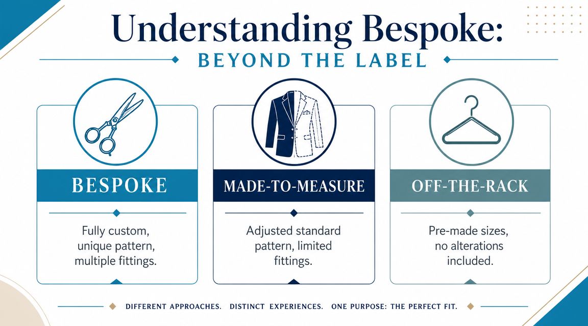 A comparison chart showing the differences between bespoke, made-to-measure, and off-the-rack men's clothing options.
