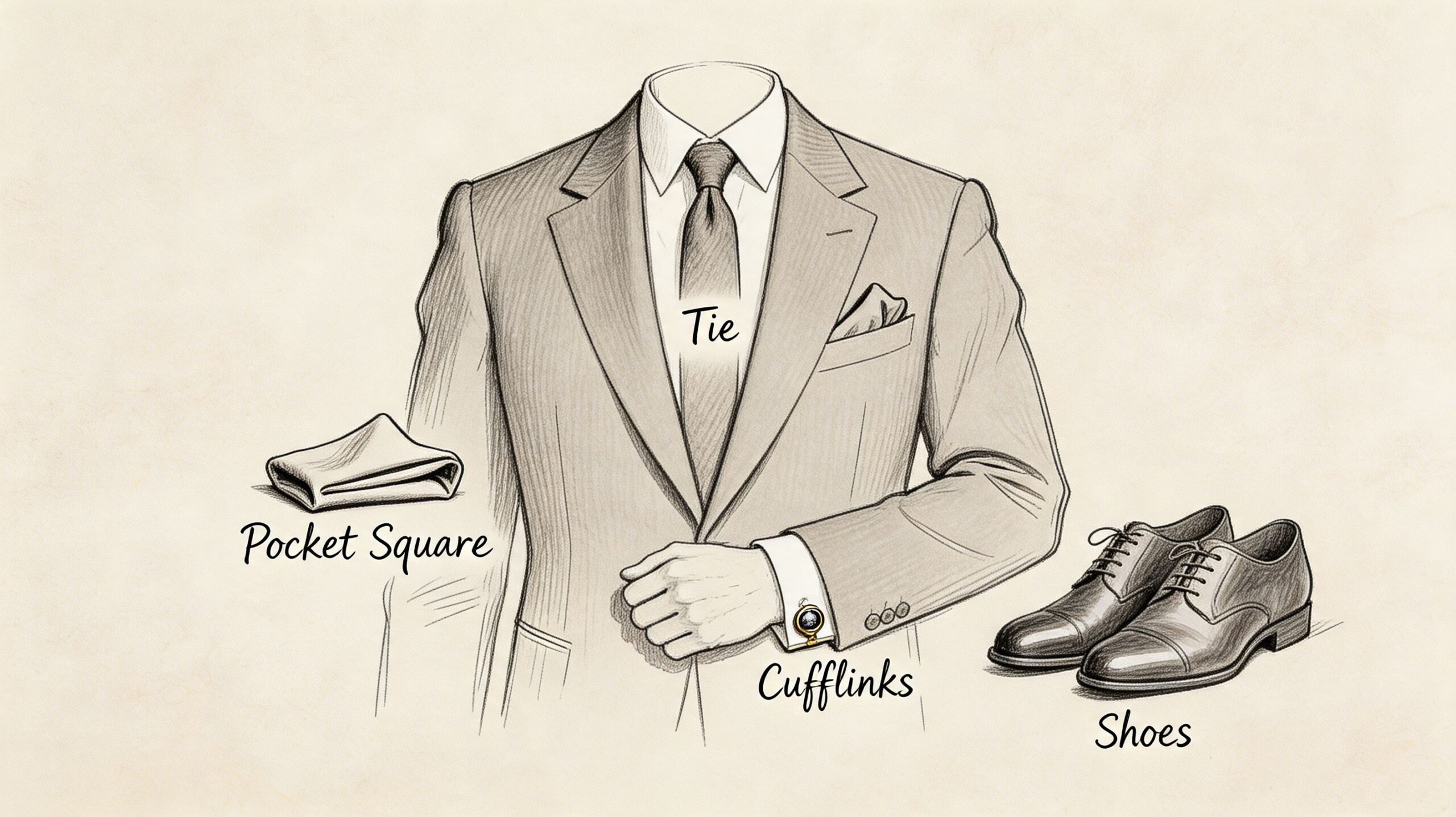 A pencil sketch of a man's formal suit with accessories labeled including tie, pocket square, cufflinks, and shoes.