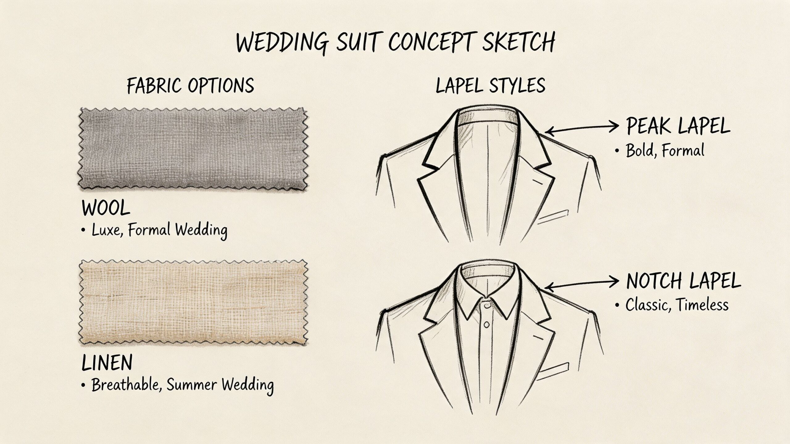 A wedding suit concept sketch detailing fabric options like wool and linen alongside peak and notch lapel styles.