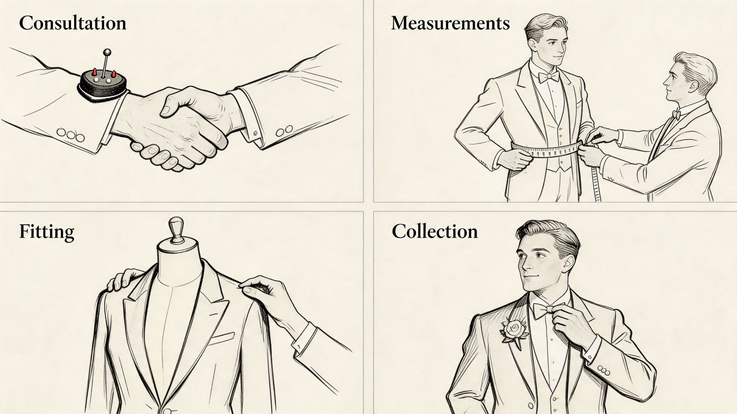 A four-step illustration process for bespoke wedding suits for men including consultation, measurement, fitting, and collection.