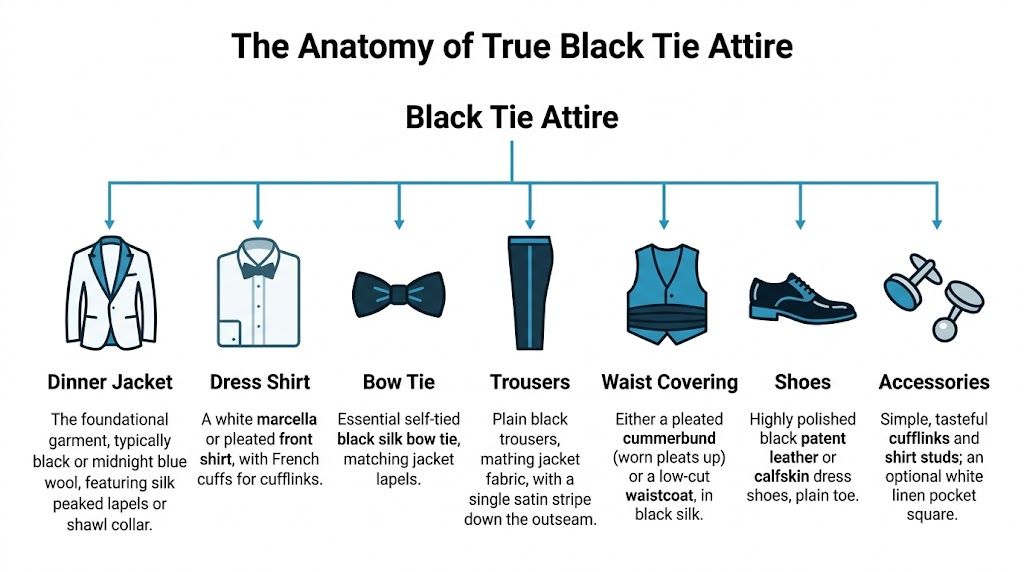 A visual guide outlining the essential garments and accessories required for the traditional black tie dress code.