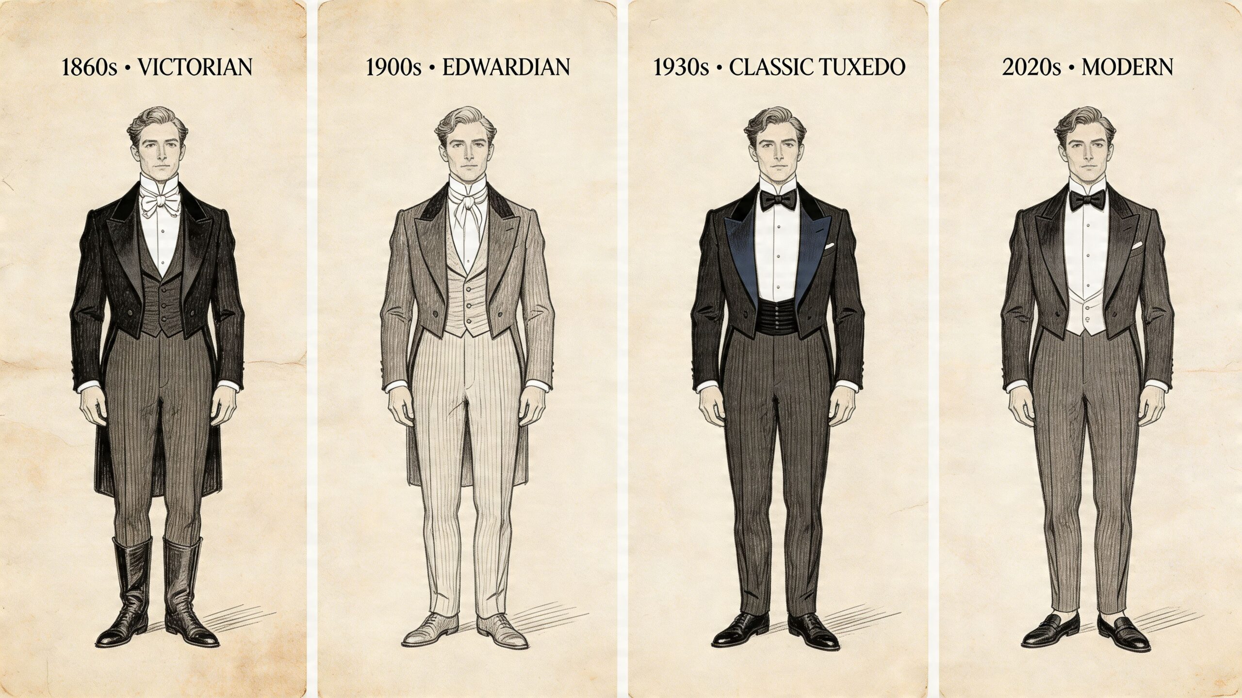 A historical progression illustration showing men's formal wear evolution from the Victorian era to modern tuxedo styles.