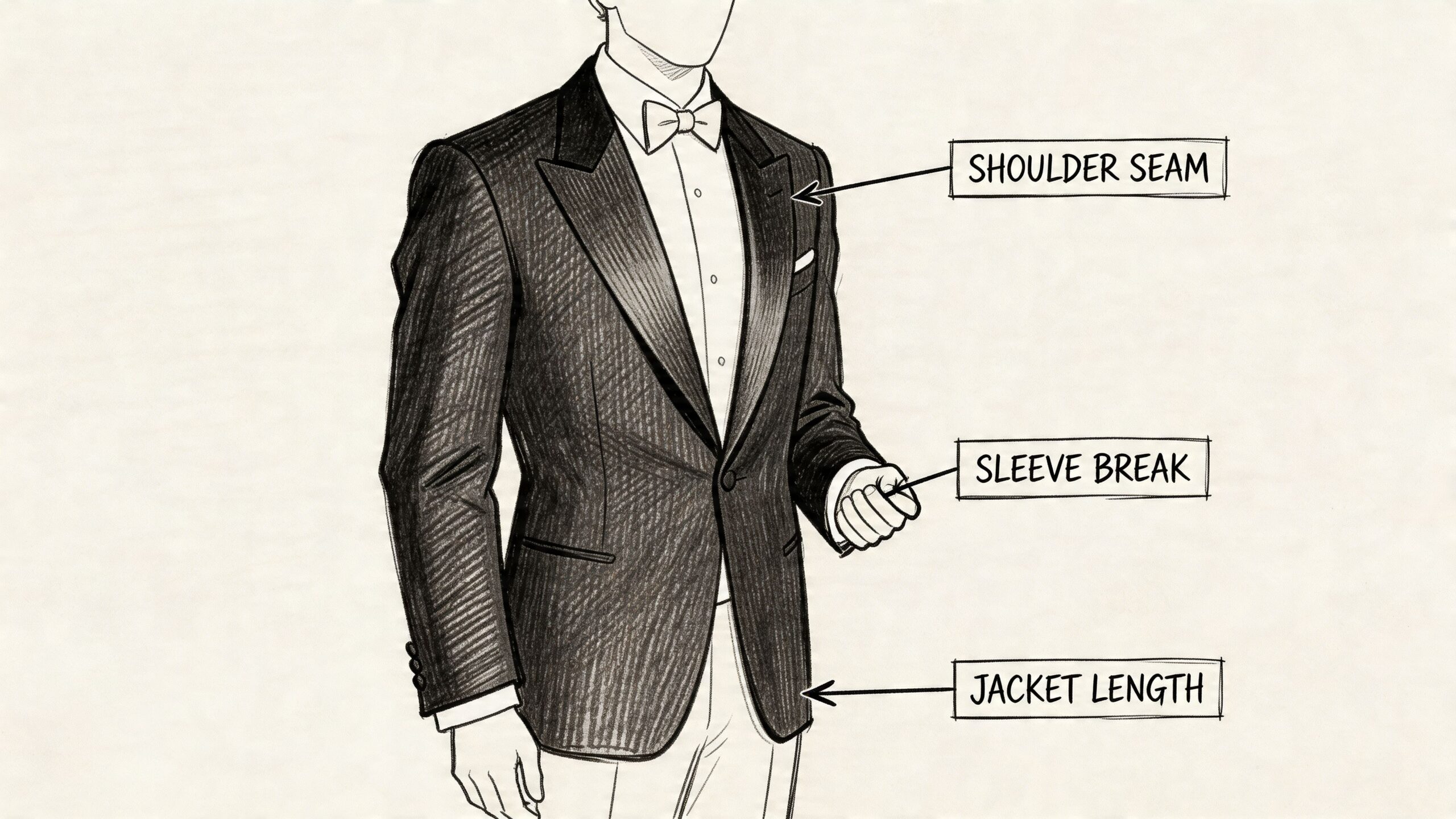 A pencil sketch of a man wearing a formal tuxedo, highlighting key fit areas like the shoulders and sleeves.