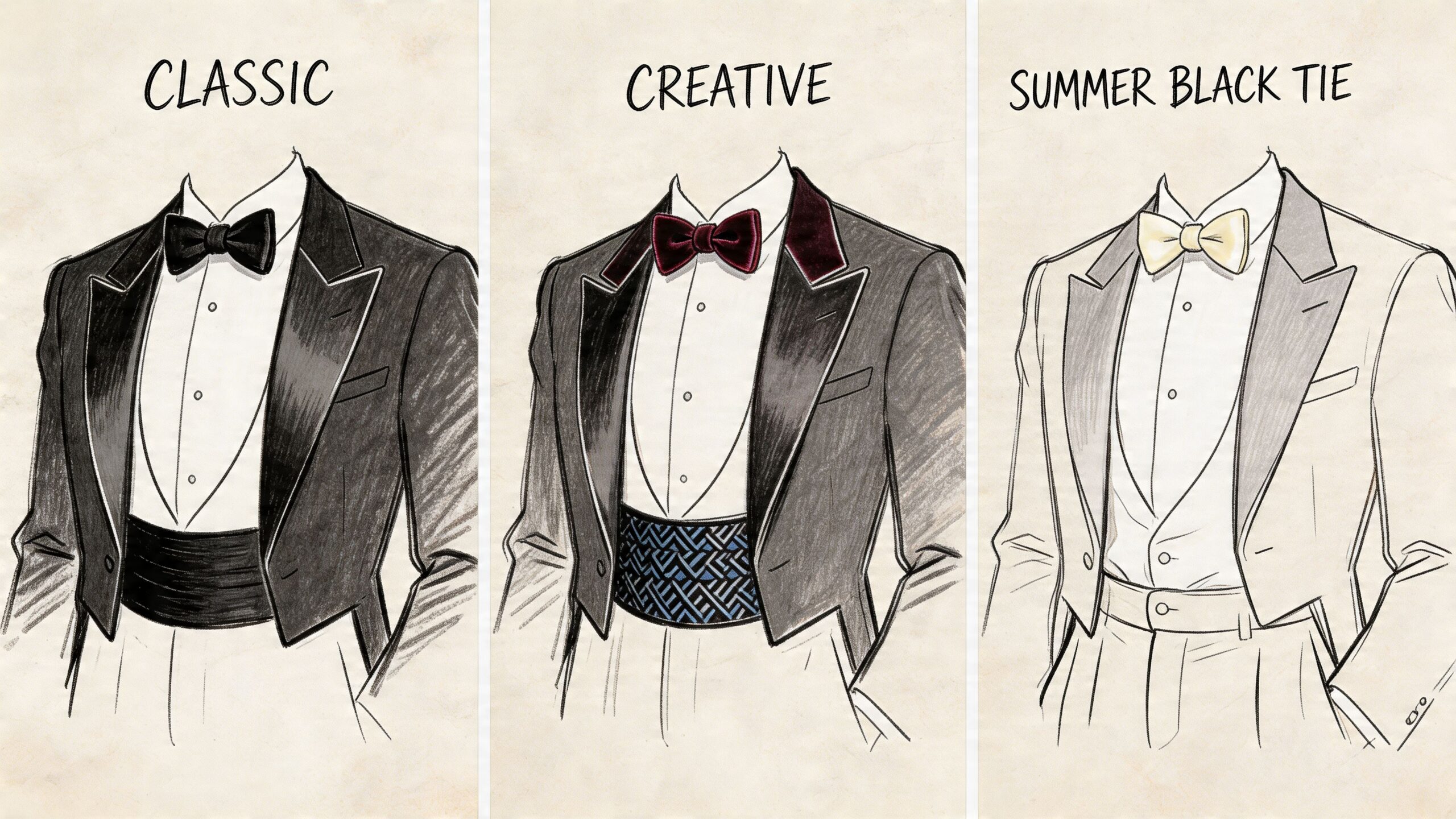 A fashion illustration showcasing three styles of men's formal black tie attire for different occasions.