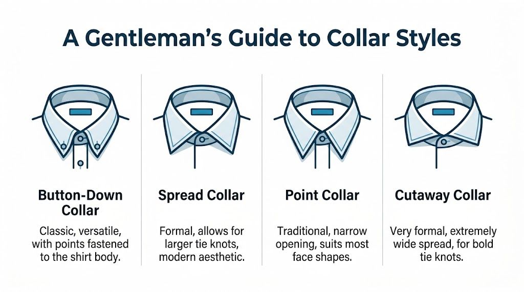 A diagram illustrating four types of dress shirt collars: button-down, spread, point, and cutaway styles.