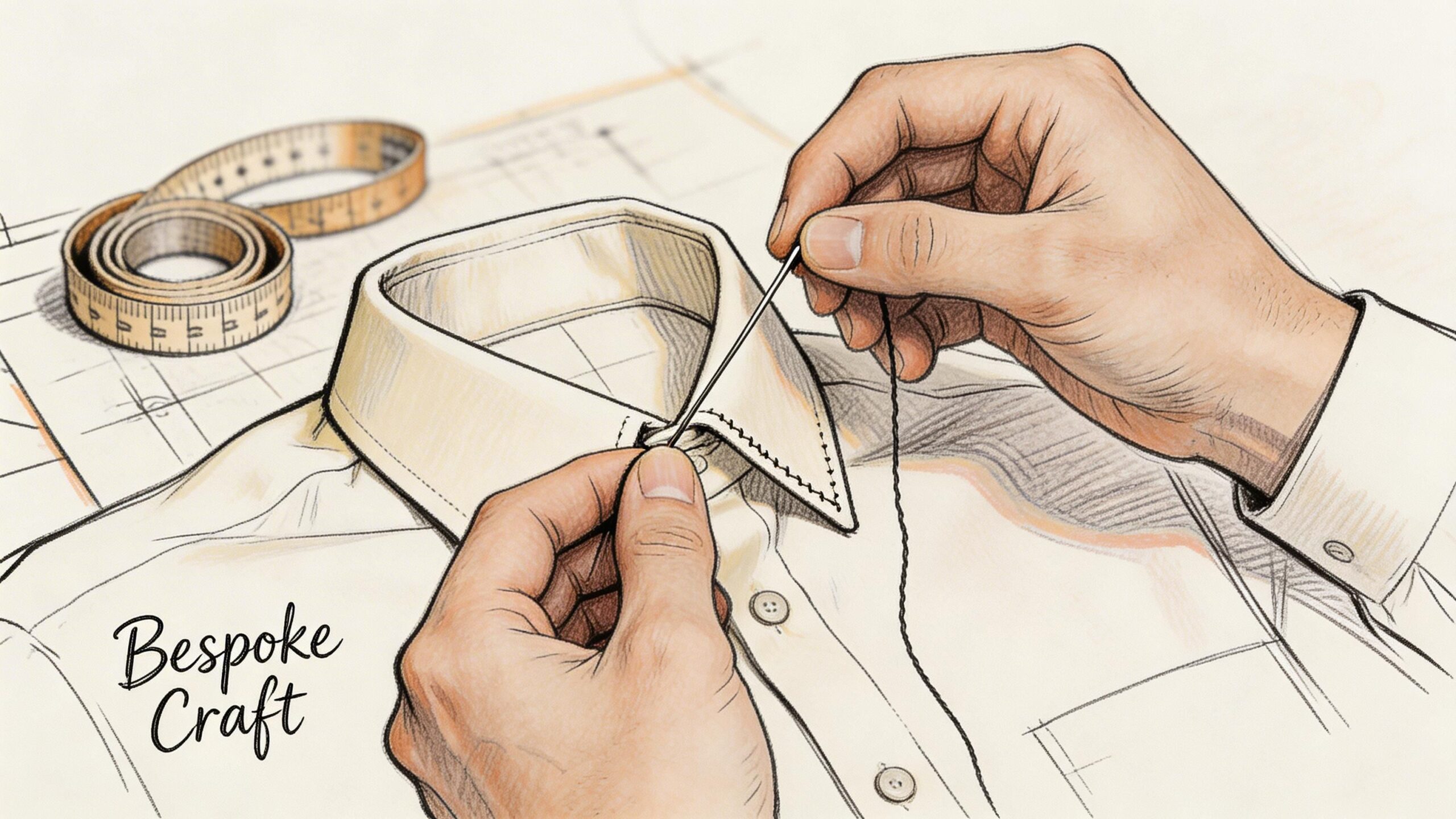 A close up illustration of hands hand-sewing a button down collar shirt with a needle and thread.