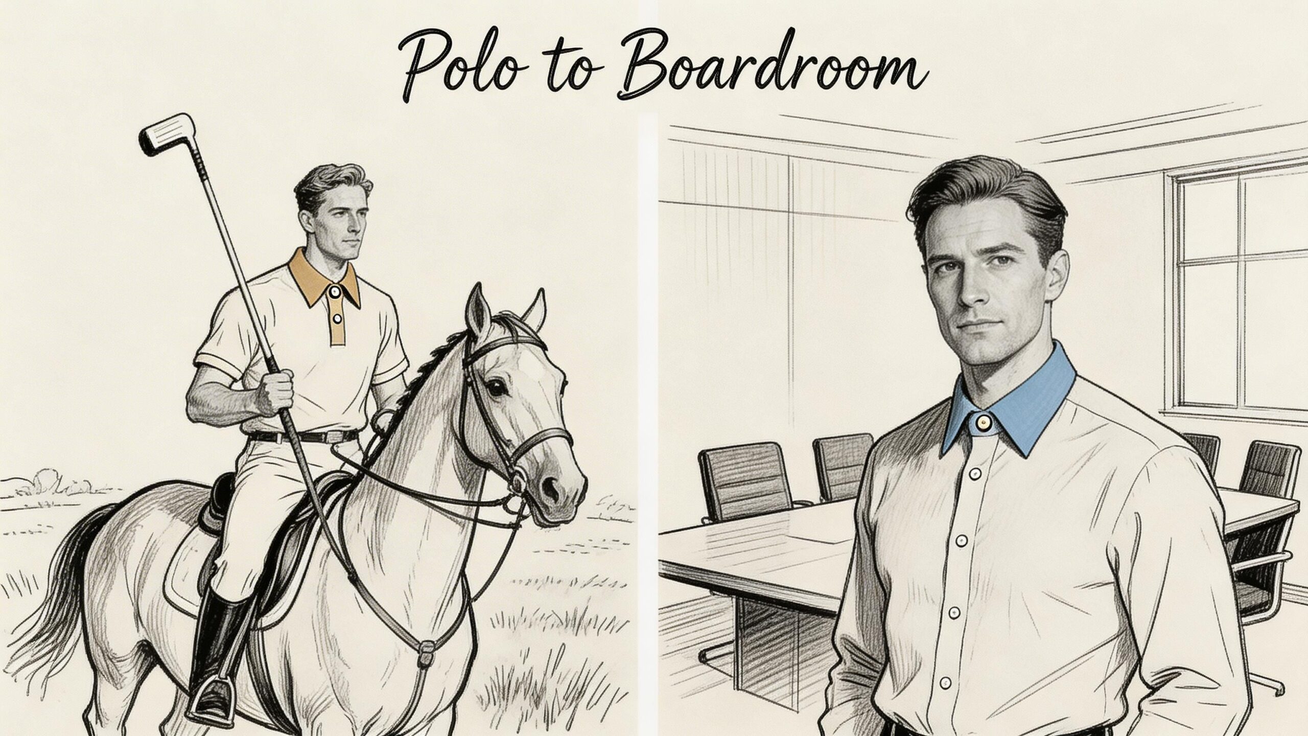 A split image showing a man playing polo on horseback and in a professional office boardroom setting.