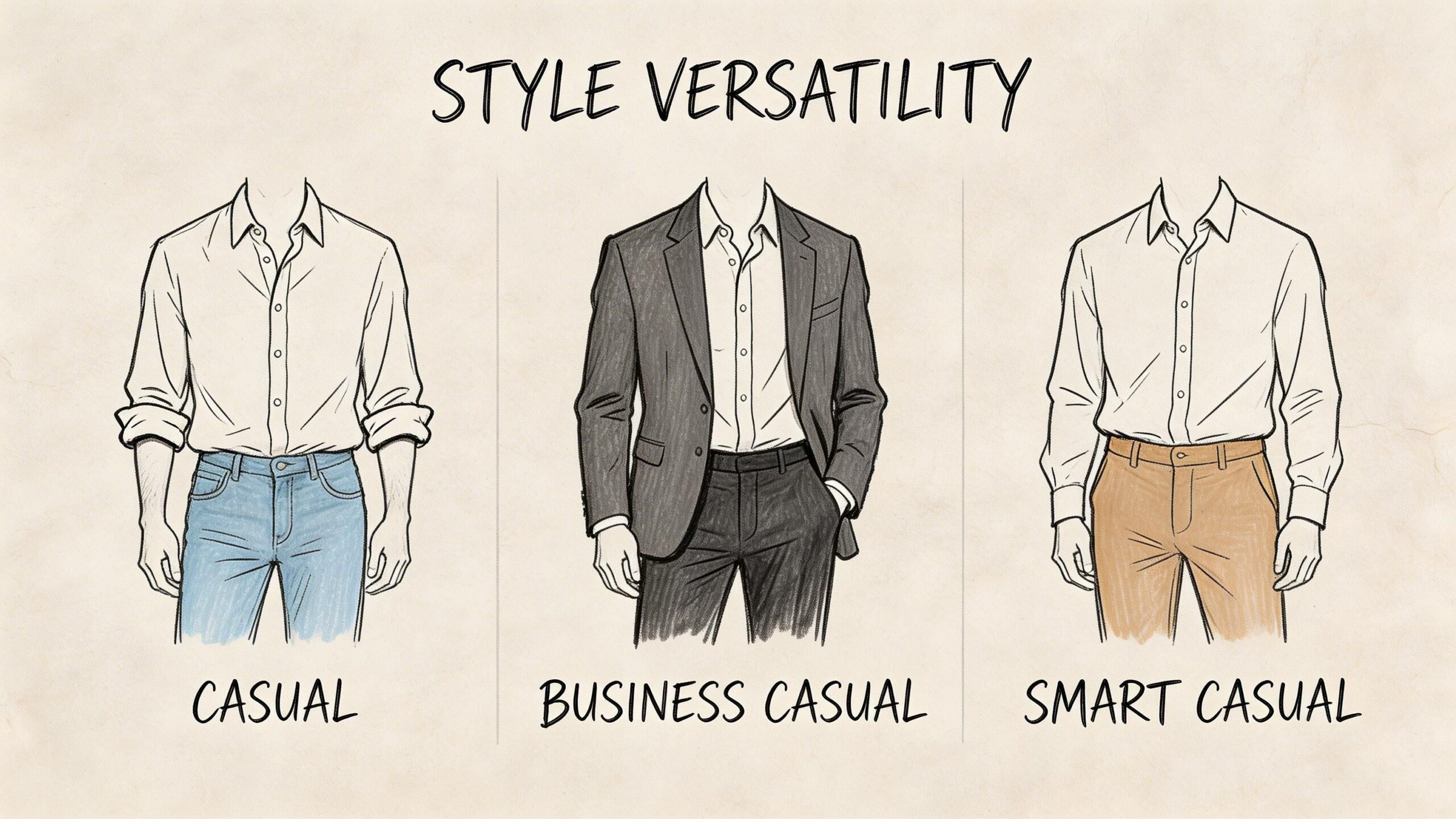 A fashion illustration showing how to style a white button down collar shirt for different occasions.