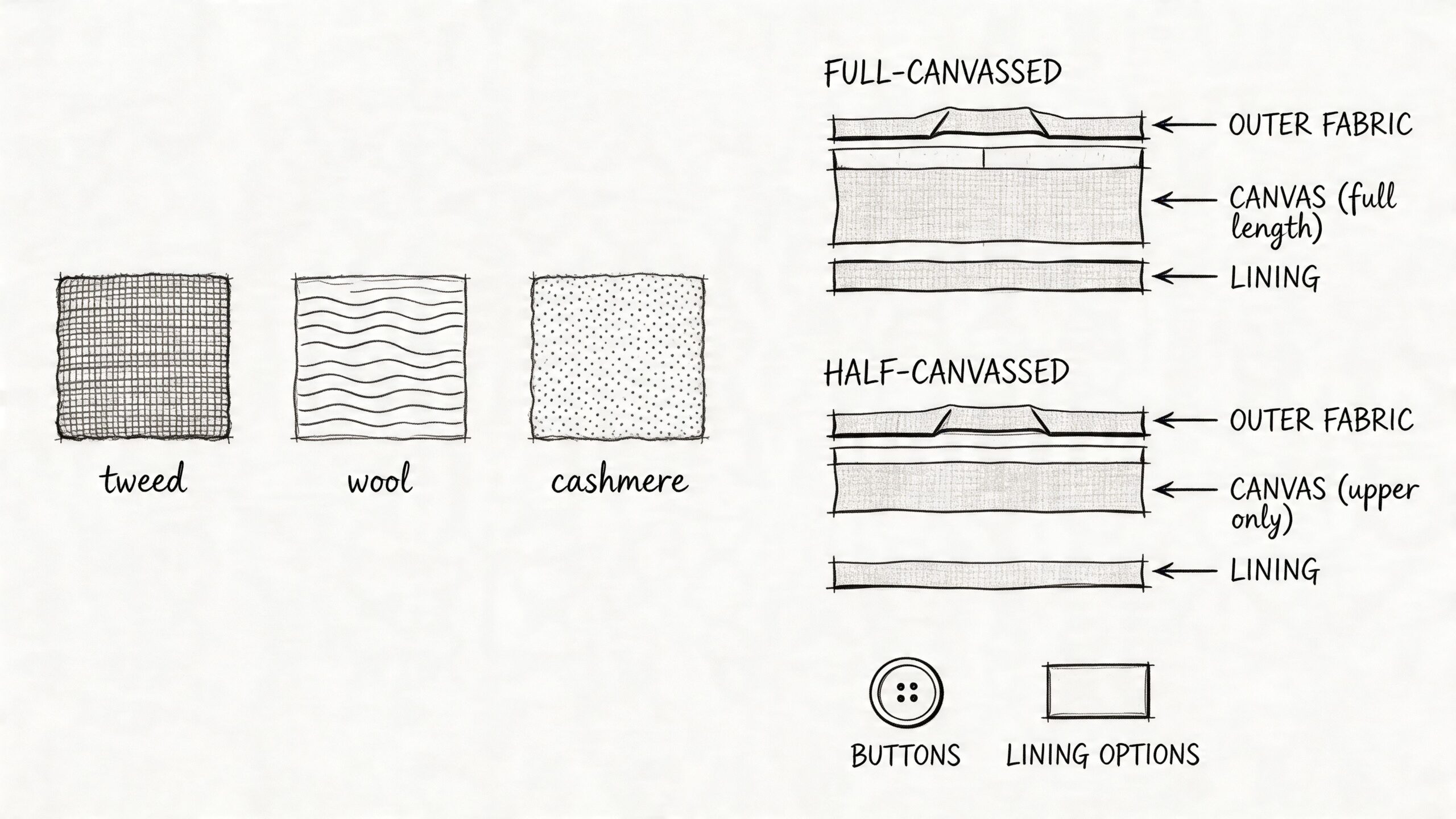 A diagram comparing full-canvassed and half-canvassed suit construction methods alongside various fabric and accessory options.