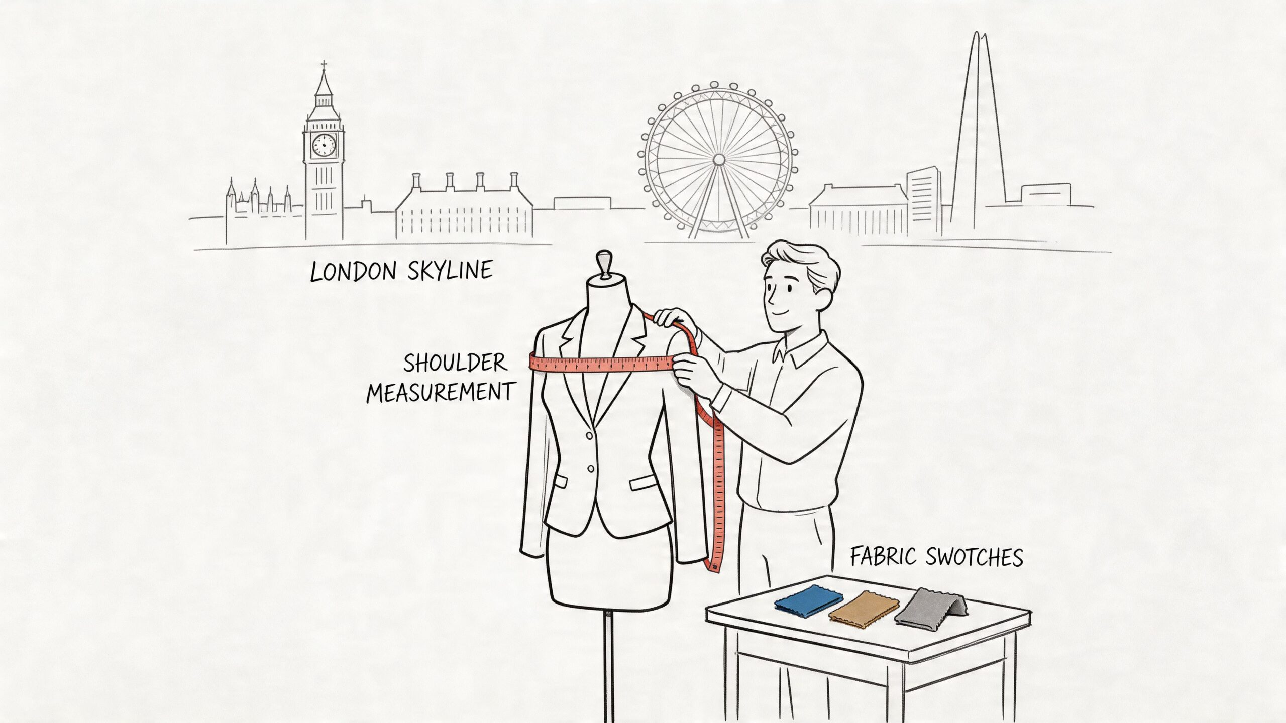 A tailor taking shoulder measurements on a mannequin in a studio with a London skyline illustration.