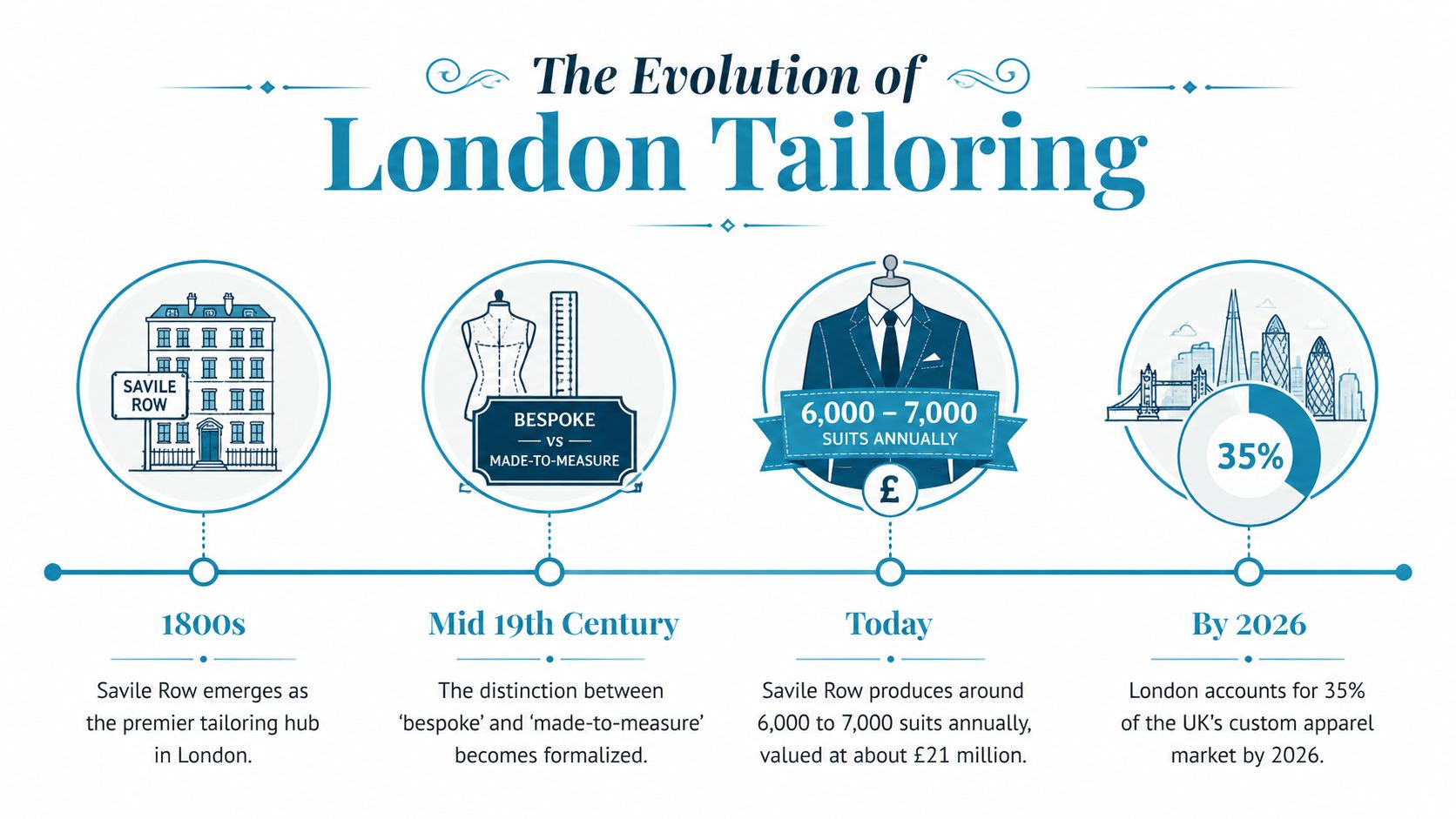 A timeline infographic illustrating the evolution of Savile Row tailoring from the 1800s to present day.
