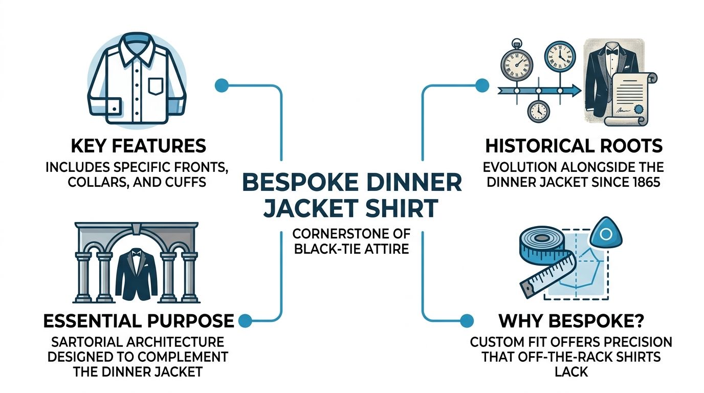 An infographic detailing the features, history, purpose, and benefits of bespoke dinner jacket shirts.