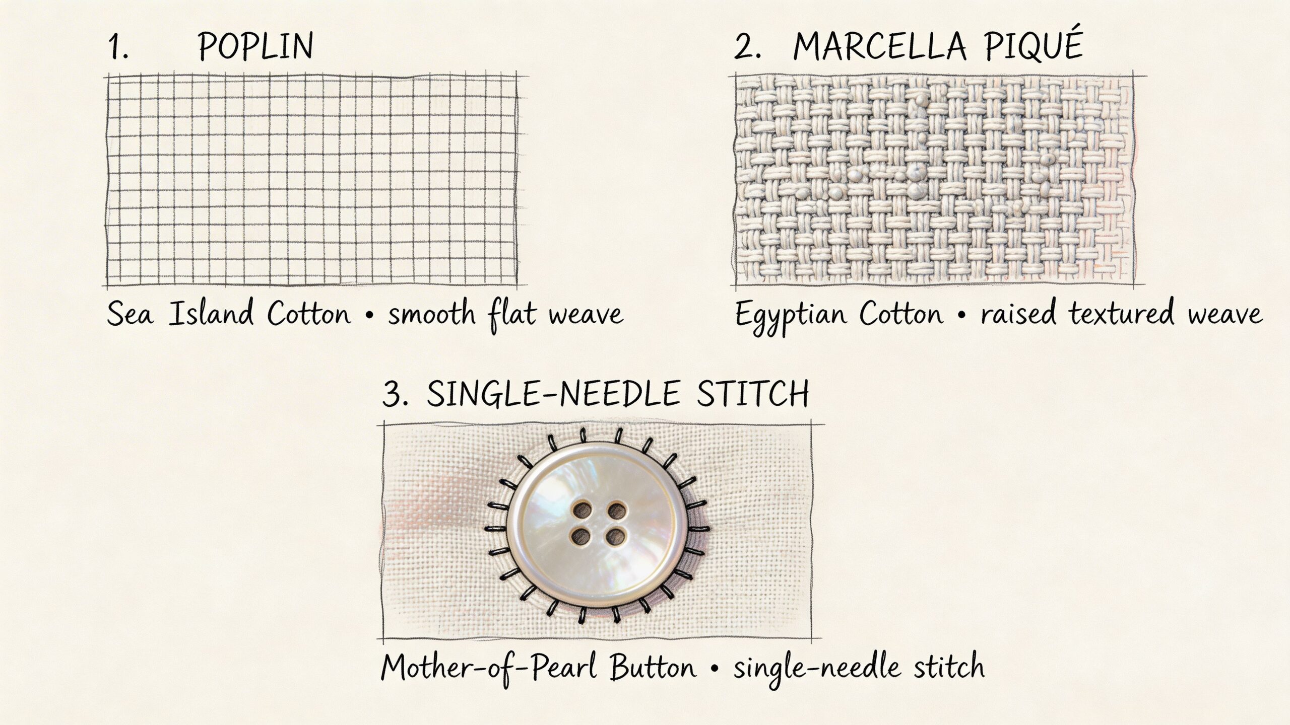 A diagram illustrating fabric textures and button detailing for dress shirts, including poplin, marcella piqué, and mother-of-pearl.