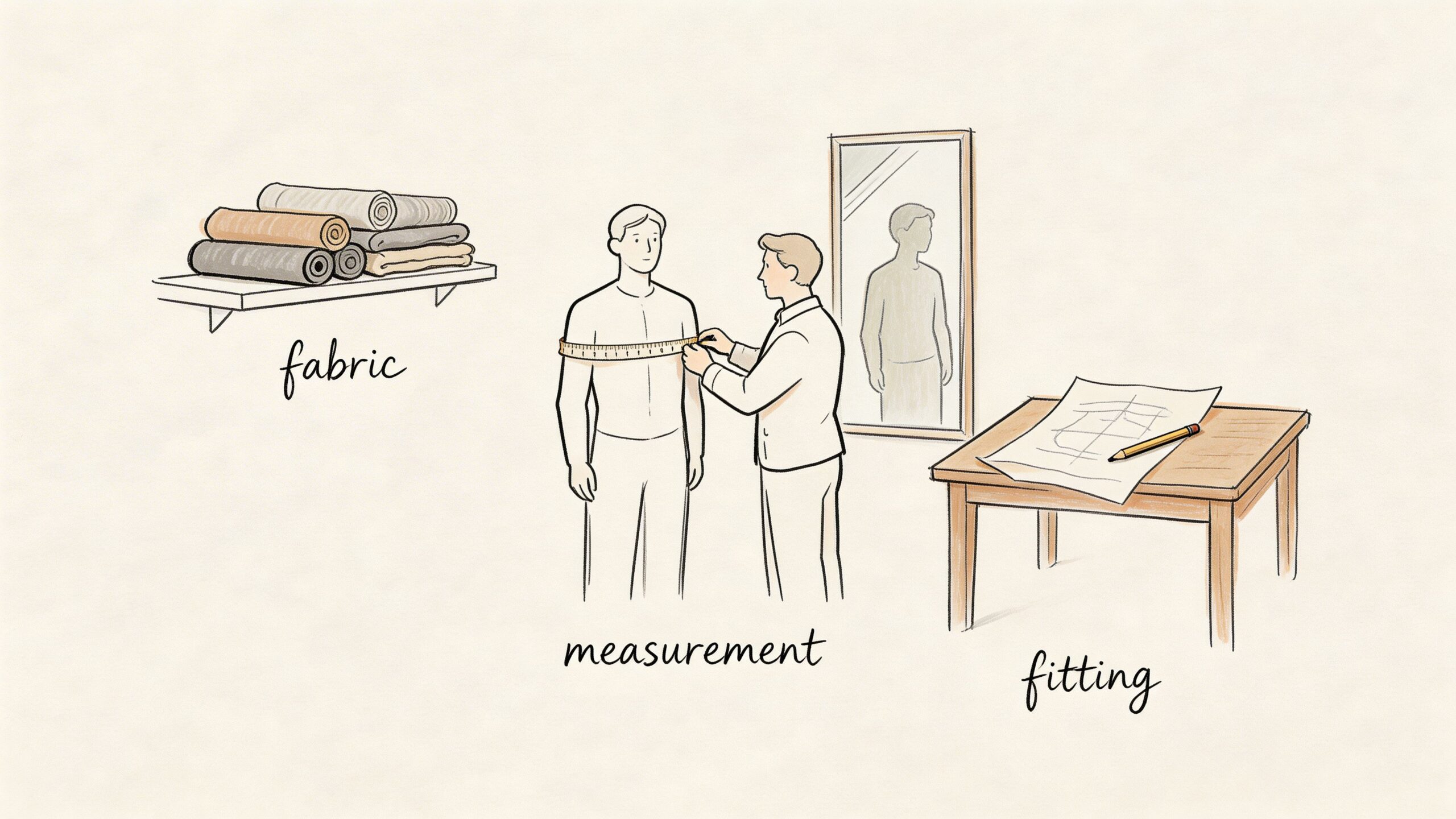 A hand-drawn illustration depicting the tailoring process including fabric rolls, a tailor taking measurements, and a pattern.