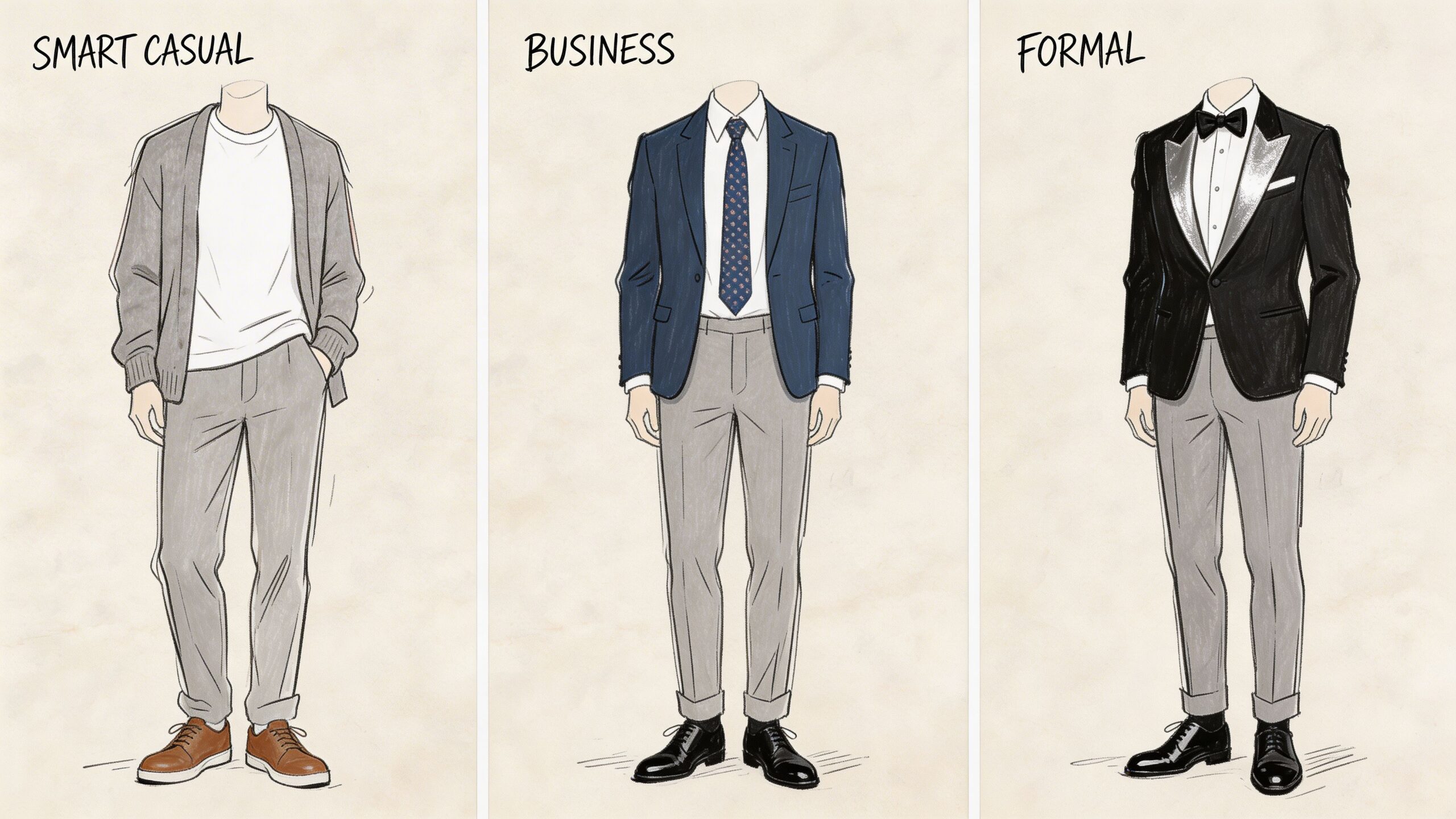 A fashion illustration showcasing three different men's dress codes: smart casual, business attire, and formal wear.