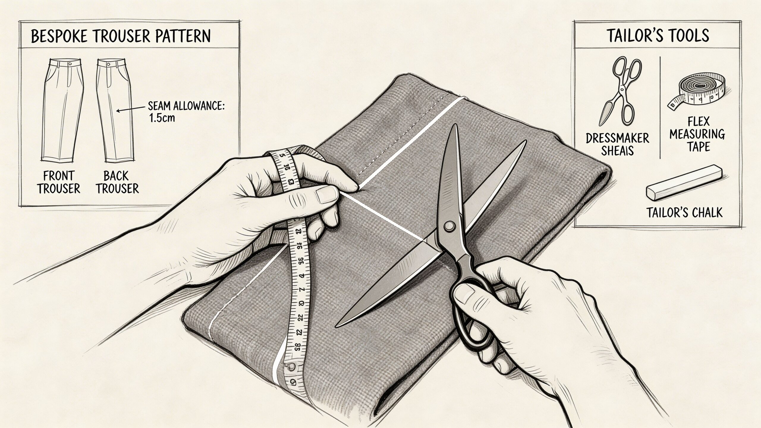 A pair of hands using dressmaker shears and a measuring tape to cut grey flannel fabric.