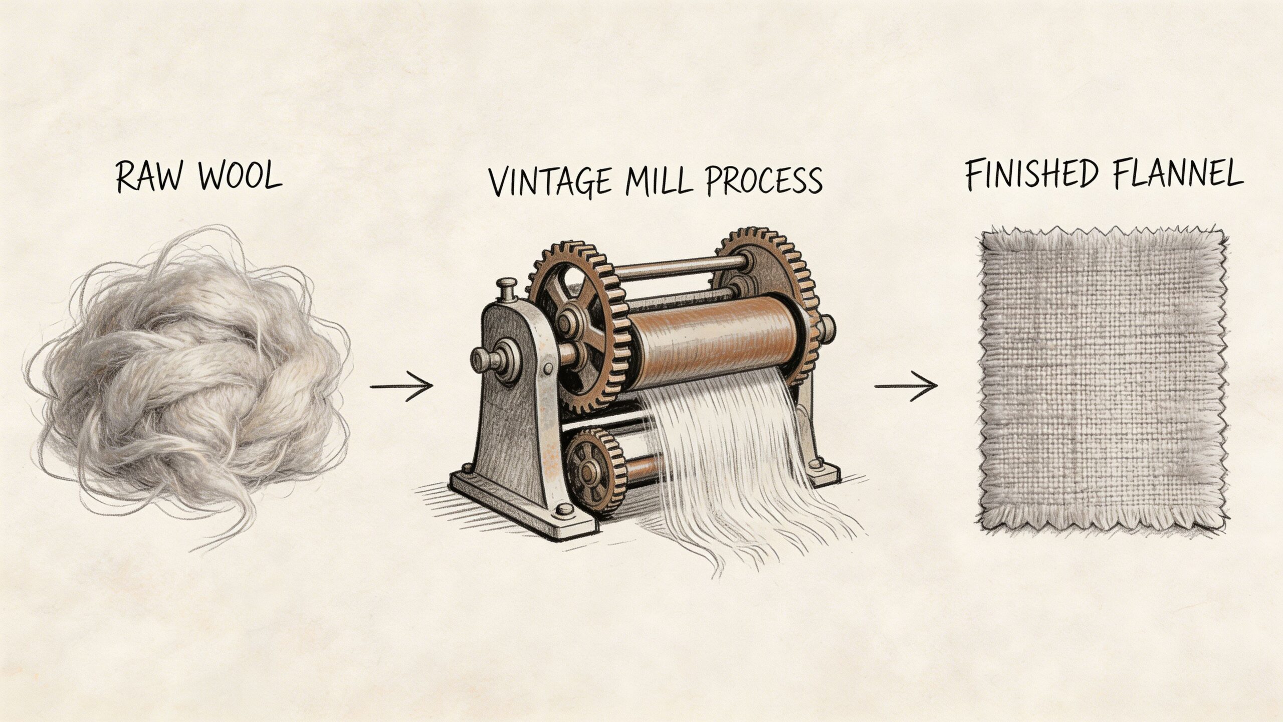 A diagram illustrating the transformation from raw wool to finished flannel fabric using a vintage machine.