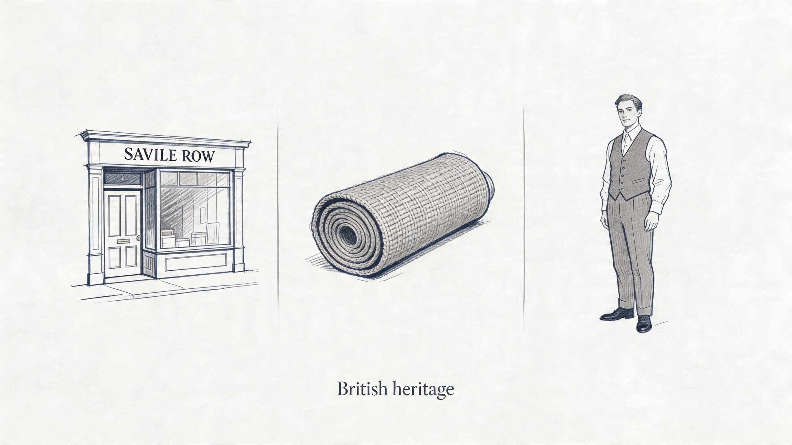A hand-drawn illustration depicting a Savile Row tailor shop, a roll of fabric, and a well-dressed gentleman.