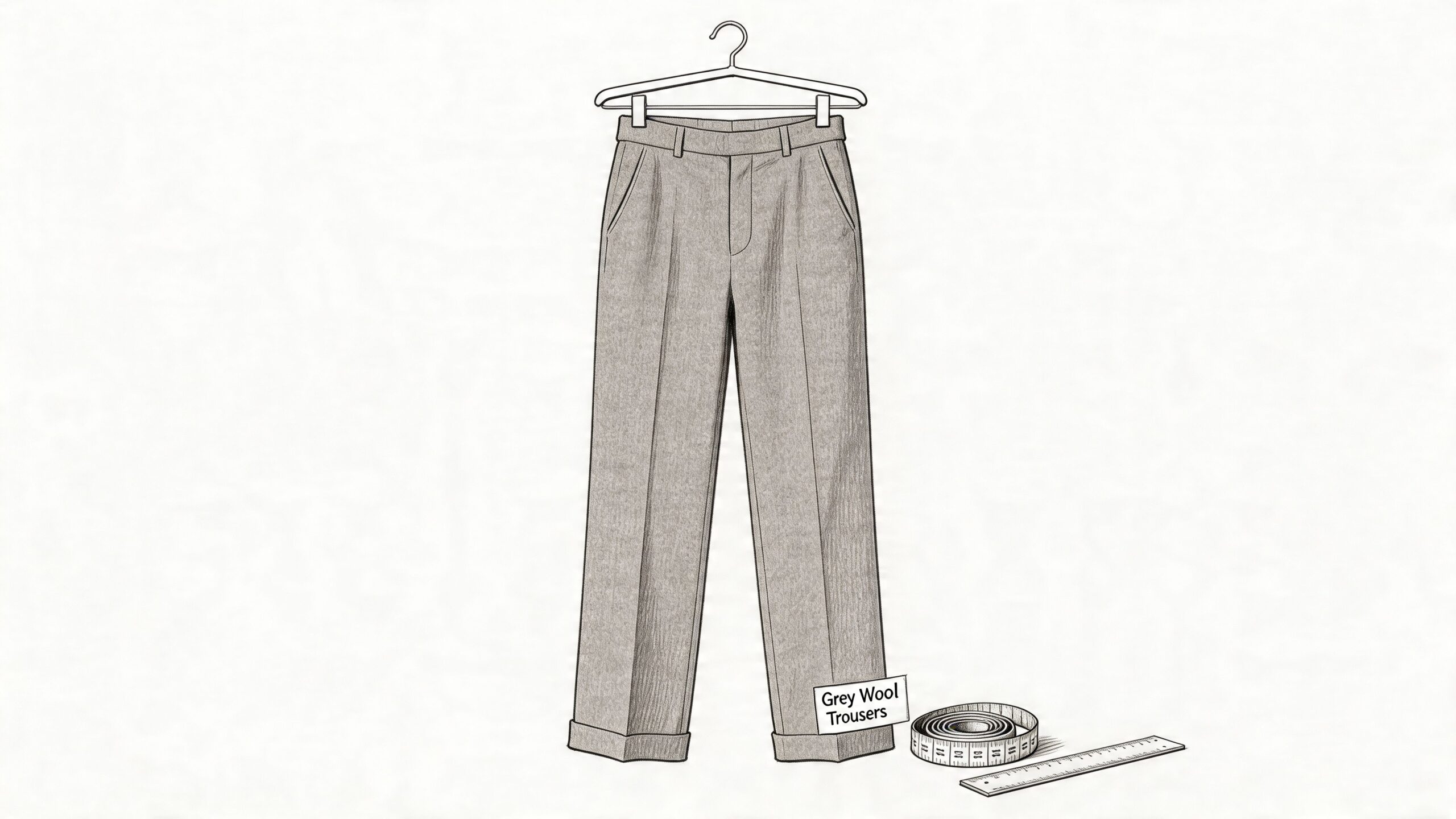 A pair of grey wool trousers hanging on a hanger next to a measuring tape and ruler.