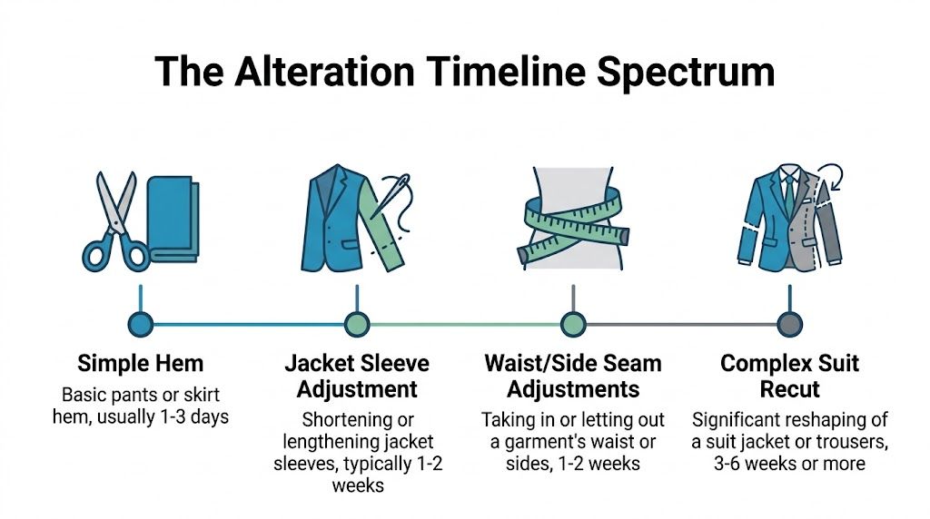 A timeline graphic showing the typical time required for different clothing alteration services from simple to complex.