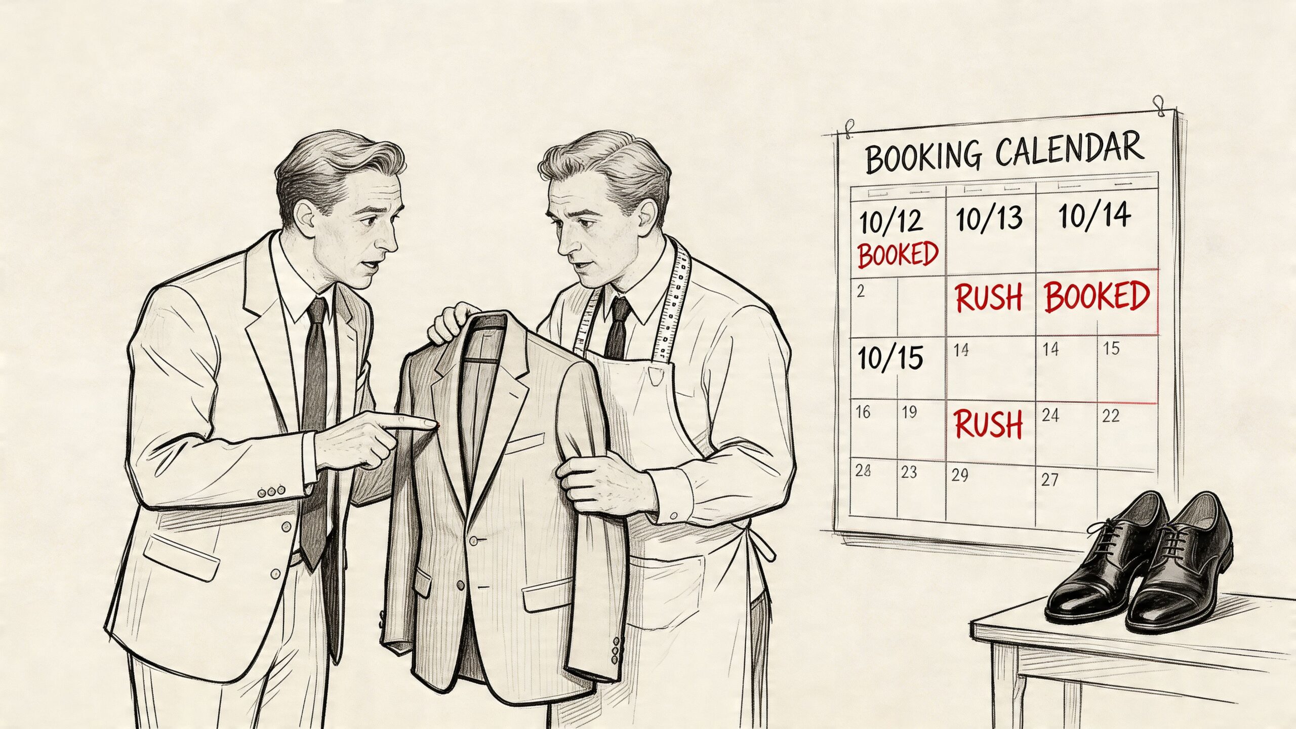 A tailor shows a suit to a customer in front of a booking calendar with marked dates.