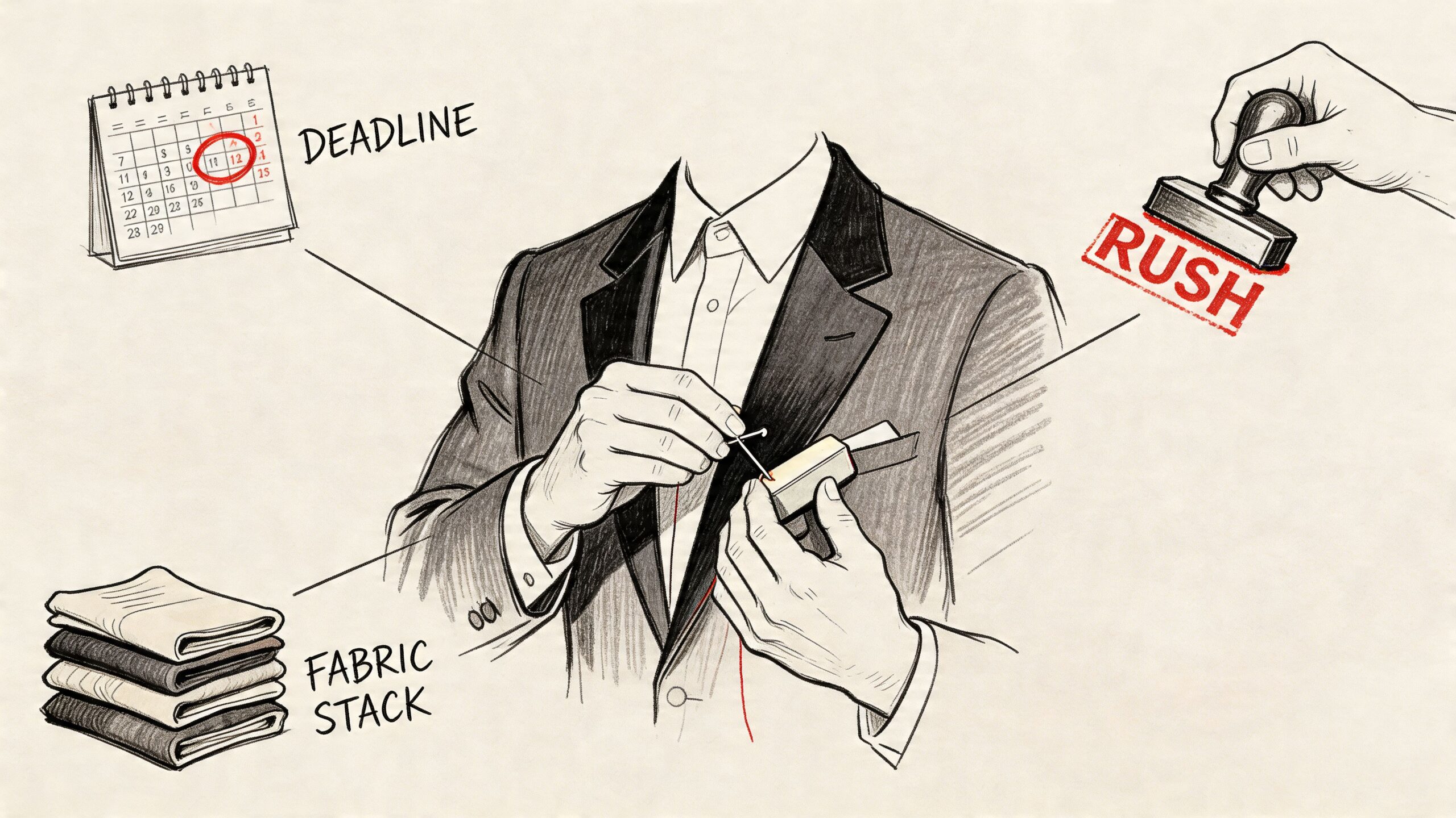 A pencil sketch of a tailor sewing a suit jacket surrounded by deadline, fabric, and rush symbols.