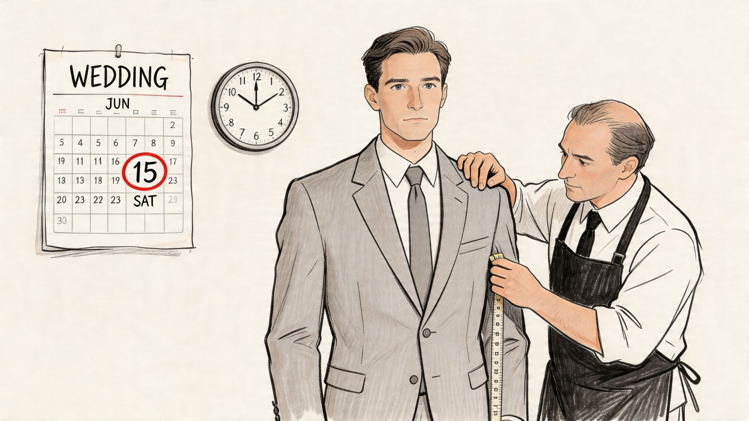 A tailor measuring a man for a wedding suit in front of a June calendar and clock.