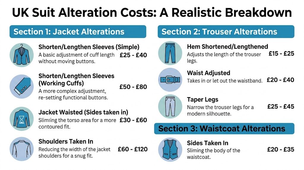 A detailed infographic showing the price ranges for various suit alteration services in the UK.