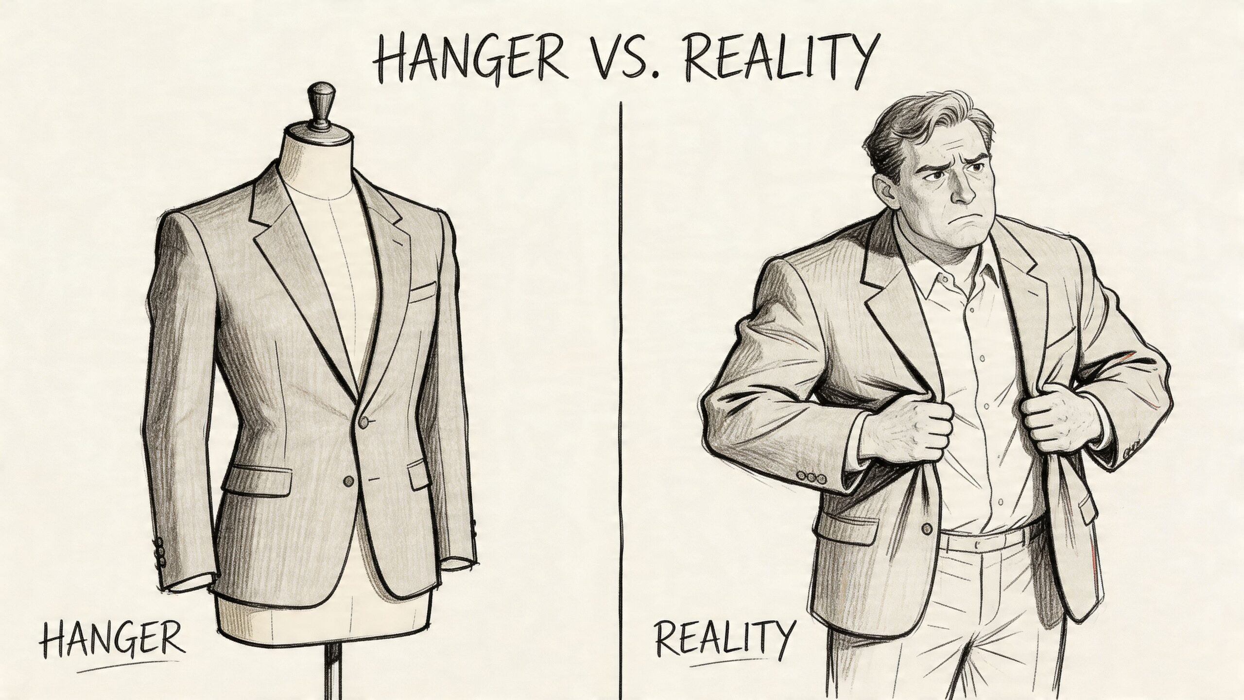 A pencil sketch comparison showing a suit jacket on a mannequin versus a man wearing it.