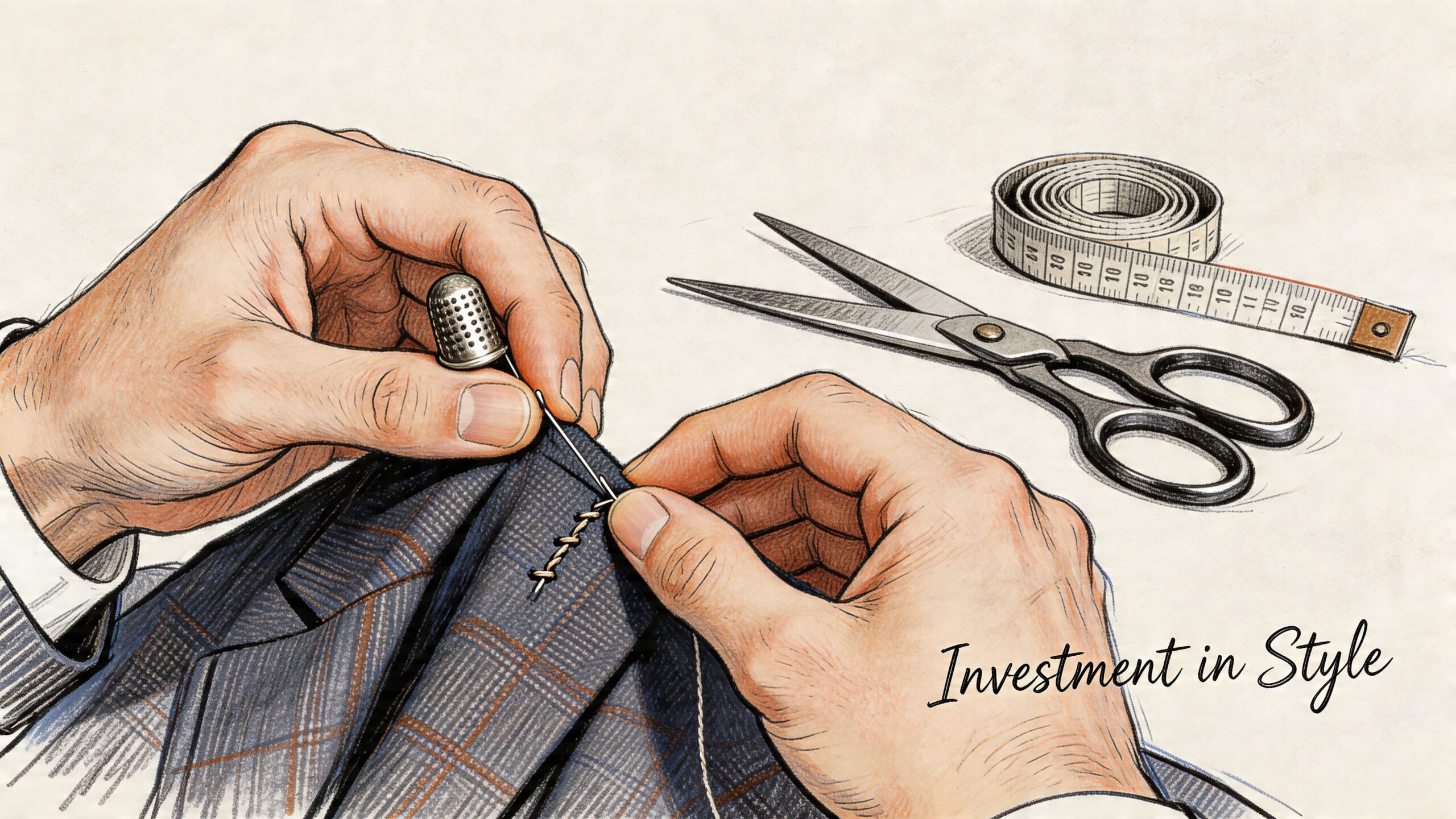 A close-up illustration of a tailor's hands sewing a plaid suit jacket with a needle and thimble.