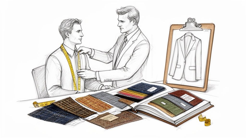A tailor measuring a client for a custom suit, surrounded by fabric swatches and a suit design.