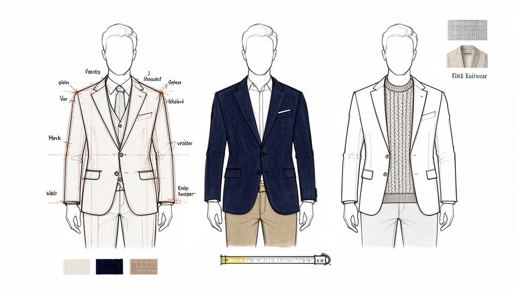 Detailed fashion illustrations of men's tailored suits, blazers, and smart casual office wear.