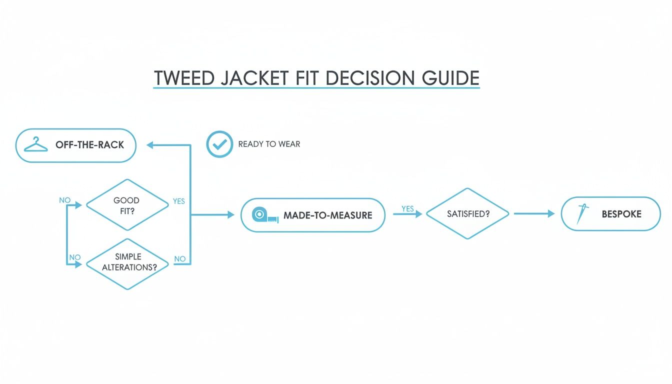 A flowchart decision guide for tweed jacket fit, covering off-the-rack, made-to-measure, and bespoke options.