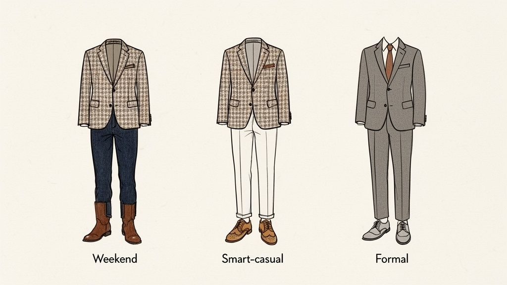 Illustration of three men's outfits: weekend, smart-casual featuring tweed jackets, and formal wear.