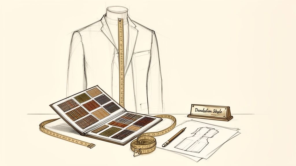 A tailor's workspace showing a jacket sketch, fabric swatches, measuring tape, and clothing patterns.