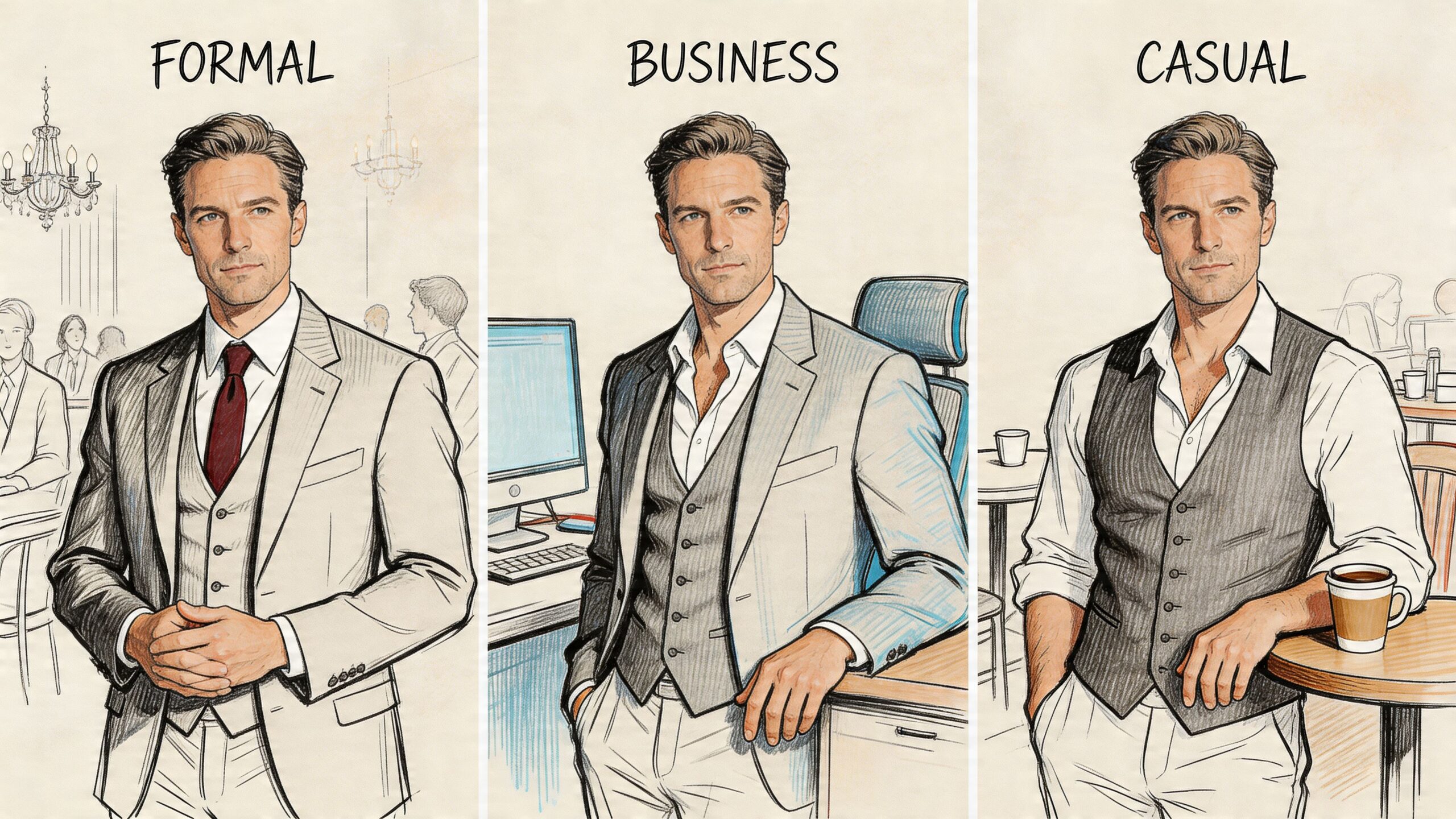 A stylistic illustration showing three ways to wear a three-piece suit: formal, business, and casual styles.